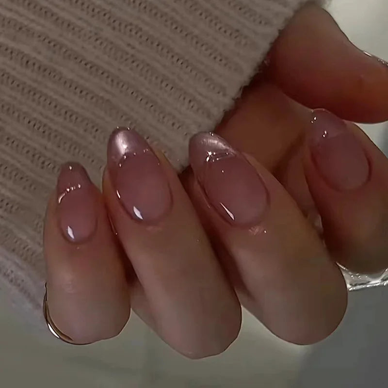 Ingvn  24Pcs Simple Green French False Nails Short Almond Fake Nails with Wave Line Design Wearable Round Head Press on Nail Tips