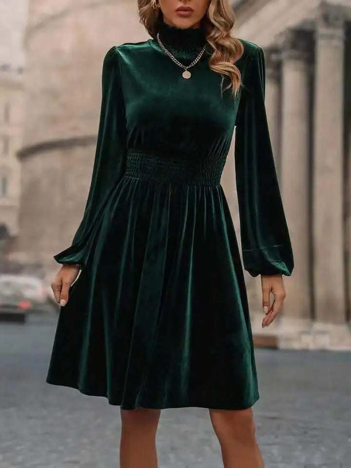 Ingvn - New Stand Collar Dresses for Women Elegant Slim Long Sleeve Women Dress Velvet A-LINE Dress Women Vestidos De Verano Mujer
