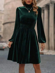 Ingvn - New Stand Collar Dresses for Women Elegant Slim Long Sleeve Women Dress Velvet A-LINE Dress Women Vestidos De Verano Mujer