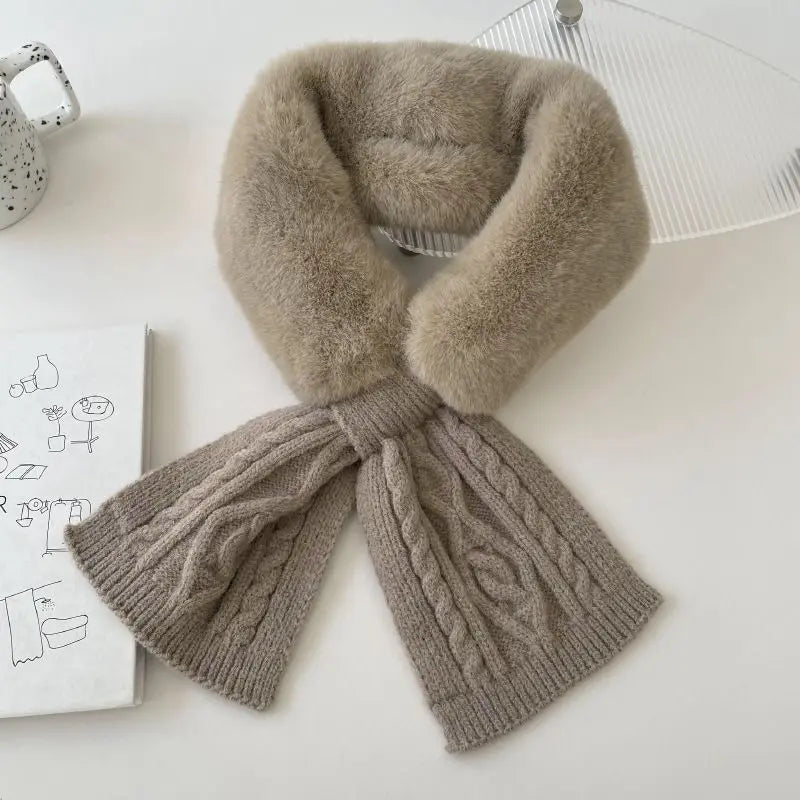 Ingvn - Women's Autumn Winter Knit Scarf Faux Fur Cross Neck Warmer Solid Thick Warm Elegant Chic Coquette Trendy