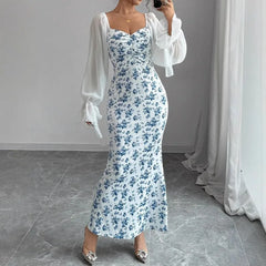 Ingvn  Women's Long-sleeved V-neck Dress Chiffon Patchwork Knitted Printed Hip-hugging Long Skirt
