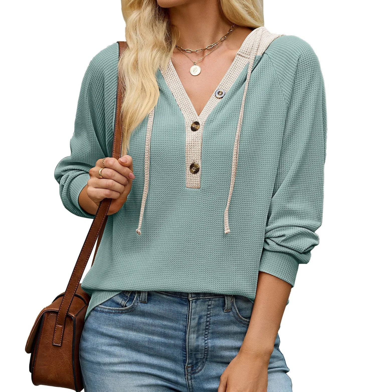 Ingvn  autumn/winter new solid color hooded button loose long sleeved hoodie for women Long-sleeved Sweatshirt for Women