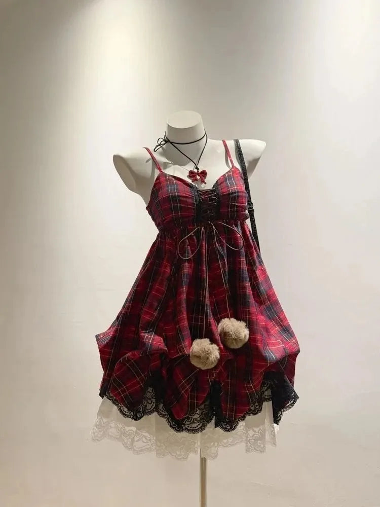 Ingvn  Y2K Vintage Sweet Bud Mini Dress Women Strap Cute Ruffle Dress Summer Casual Streetwear Party Outfits