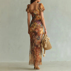 Ingvn  Elegant Short Sleeve Slim Maxi Dress Women Summer Bodycon Floral Print Long Dresses Casual