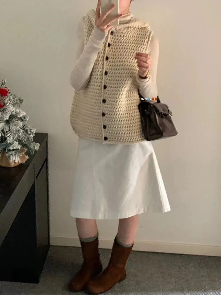 Ingvn - Women's High-End Chunky Hooded Knit Cardigan Vest Sleeveless Layering Sweater Coat Chic Coquette Trendy Vintage