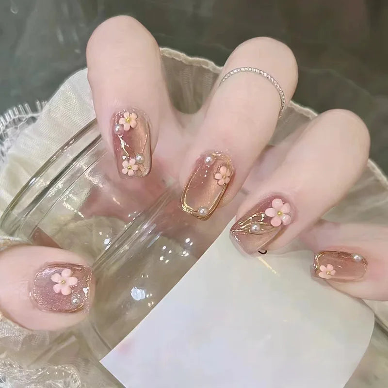 Ingvn  24Pcs Wearable Coffin Fake Nail Tips with Butterfly Camellia Designs Red Long Ballerina False Nails Press on Nails Art Manicure