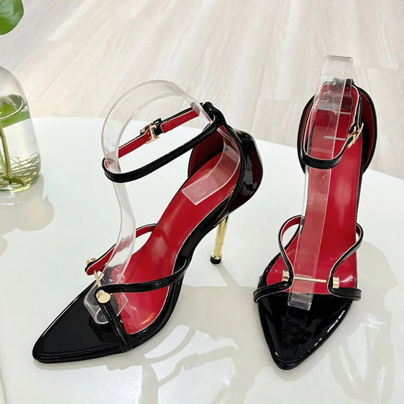 Ingvn  Sexy Gold Silver Ankle Cover Strap Sandals Women Shoes Fashion Metal Decoration Pointed Open Toe Party Club Stripper Heels