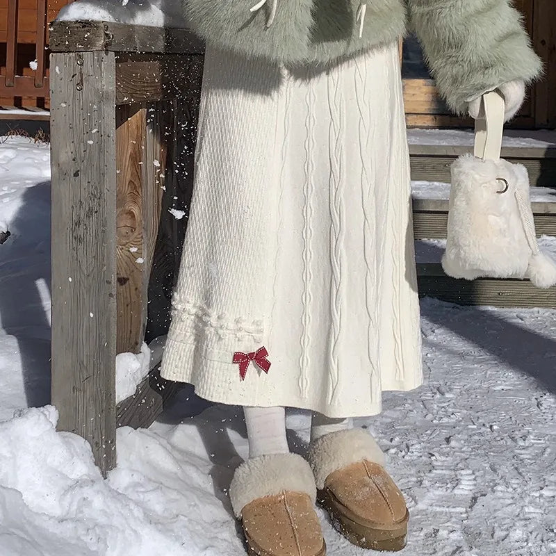 Ingvn -  Autumn Women Sweet Bow Knitted Long Skirt Solid A-line Midi Skirt High Waist Elegant Ladies Half Skirt Daily Bottoms