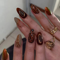 Ingvn  24Pcs Butterfly Wings Press on Acyrlic Nails with Design Medium Autumn Length Fingernails Fake with Charm 3d Textured Nail Tips