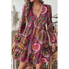 Ingvn  Women's Bohemian Geometric Print V-Neck Long Sleeve Ruffle Hem Mini Dress