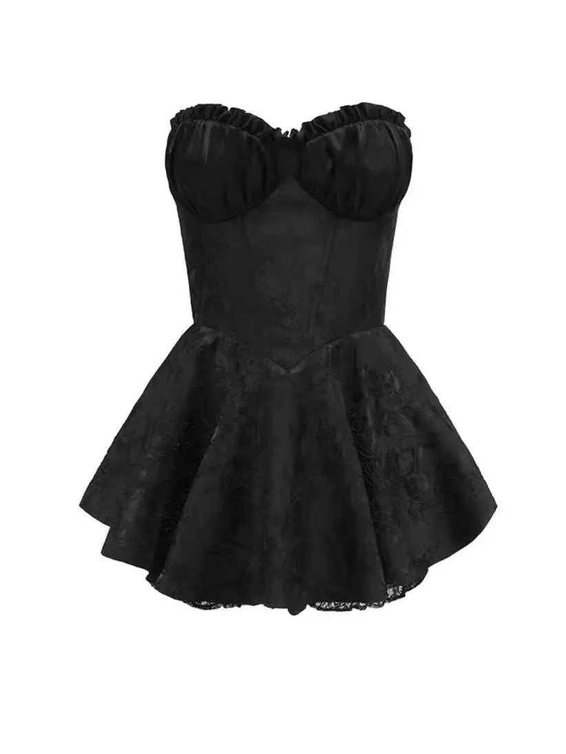 Ingvn  Women Hem Ball Gown Swing Party Skater Low Chest Dress Vestido Sexy Jacquard Satin Ruched Bra Corset style Strapless Mini Robe