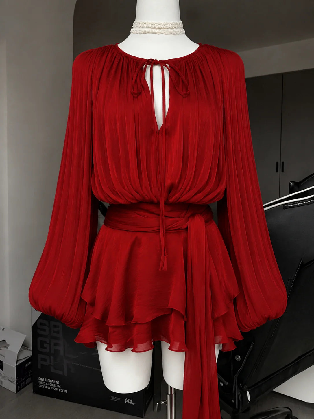 Ingvn  French Elegant Vintage Black Chiffon Dress Long Sleeve V Neck Autumn Women Sweet Dress Casual Holiday Evening Party Wear