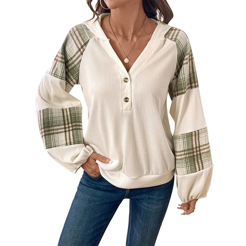 Ingvn - Women Hooded Sweatshirt Plaid Splicing Long Sleeve V Neck Button Pullover Lazy Texture Casual Top