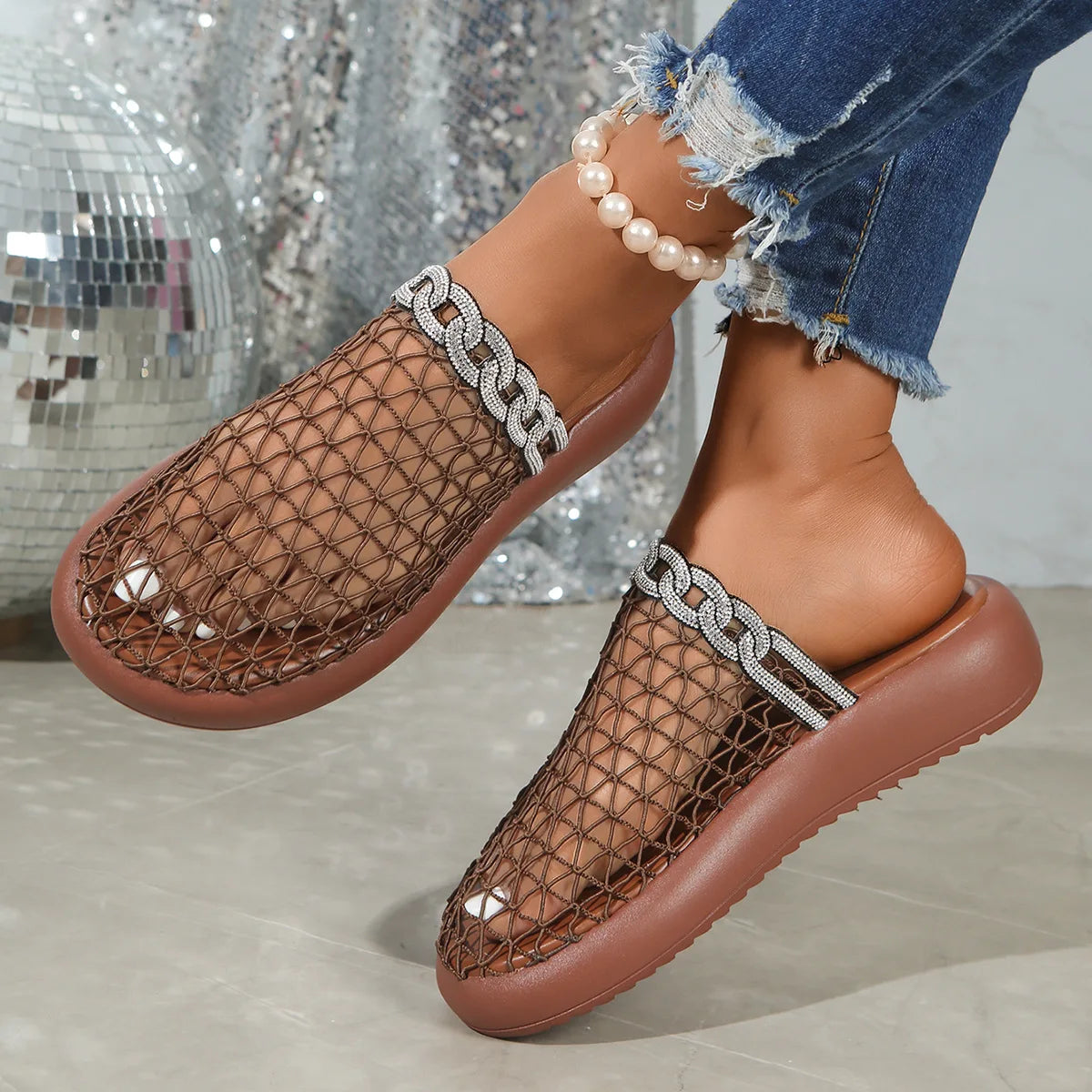 Ingvn  women's new hollowed out wedge heel with metal buckle strap high-heeled thick soled with versatile stylish slippers