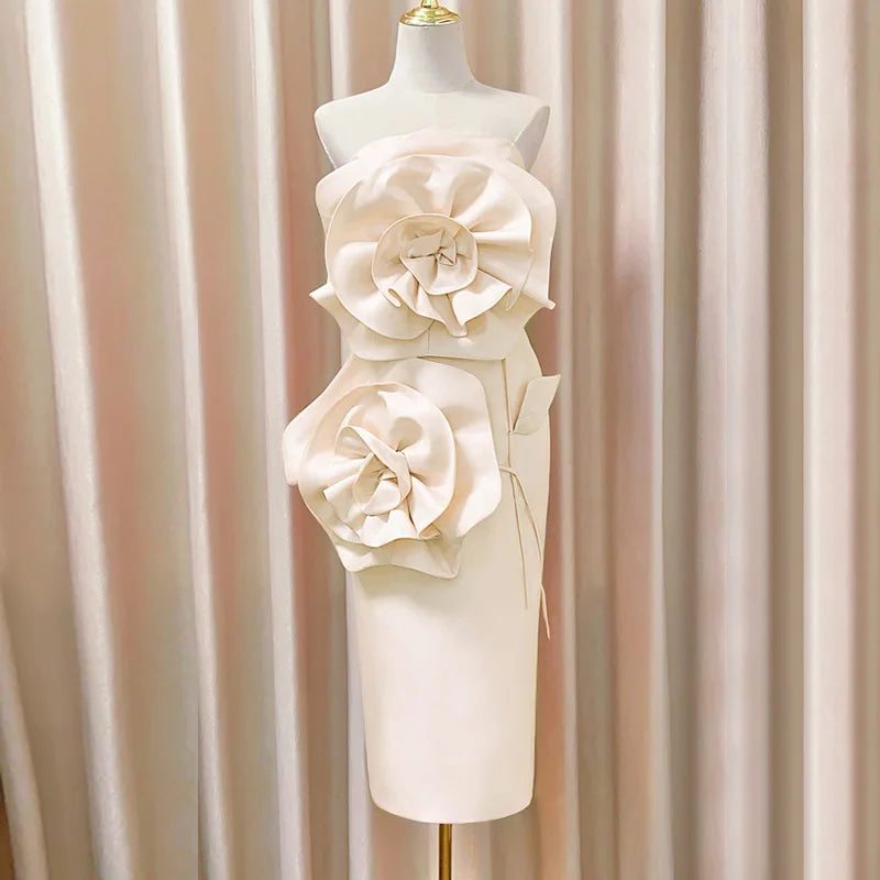 Ingvn  French Elegant Temperament Socialite Sleeveless Off-shoulder 3D Flower Lace-up Slim Hip-wrapped Strapless Long Dress for Women