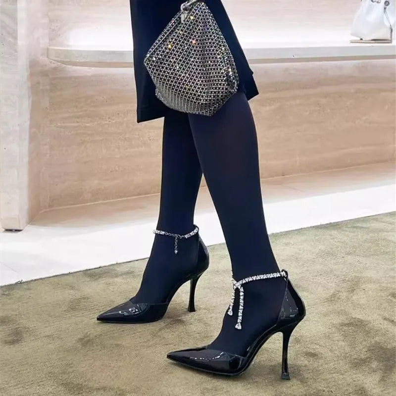 Ingvn  Star style Fashion Patent Leather Rhinestones Chains Women Pumps Elegant Pointed toe Ankle Strap Thin High heels Summer Shoes