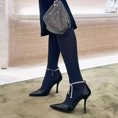 Ingvn  Star style Fashion Patent Leather Rhinestones Chains Women Pumps Elegant Pointed toe Ankle Strap Thin High heels Summer Shoes