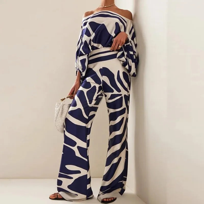 Ingvn  Spring Women's Clothing Floral Off Shoulder Loose Batwing Sleeve Wide Leg Pants Set Polyester Elegant Comfortable Casual Wear