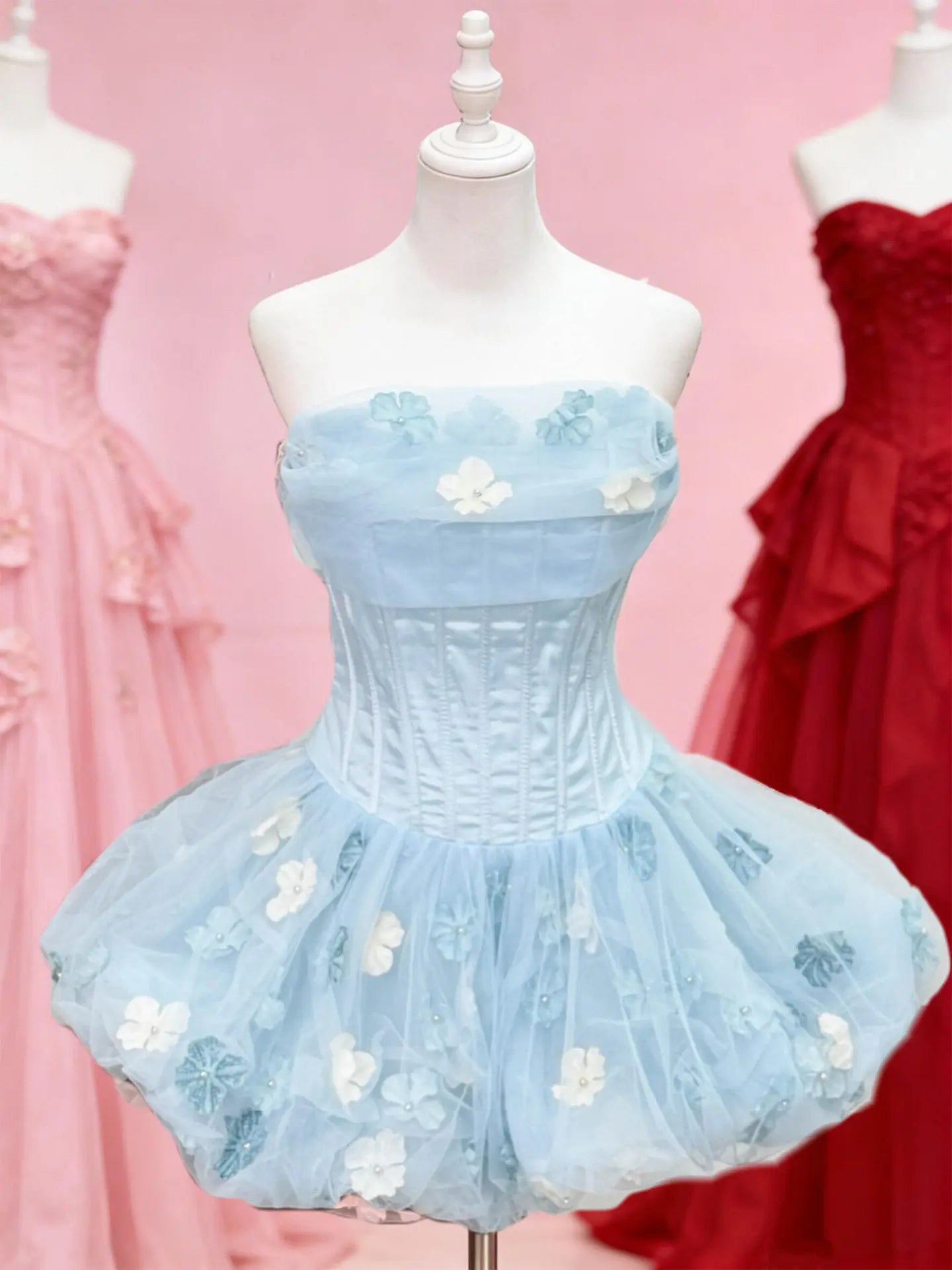 Ingvn  Summer New Sweet Elegant Princess Birthday Party Dress Sleeveless Strapless Corset Slim Fit 3D Flower Puff Dress for Women