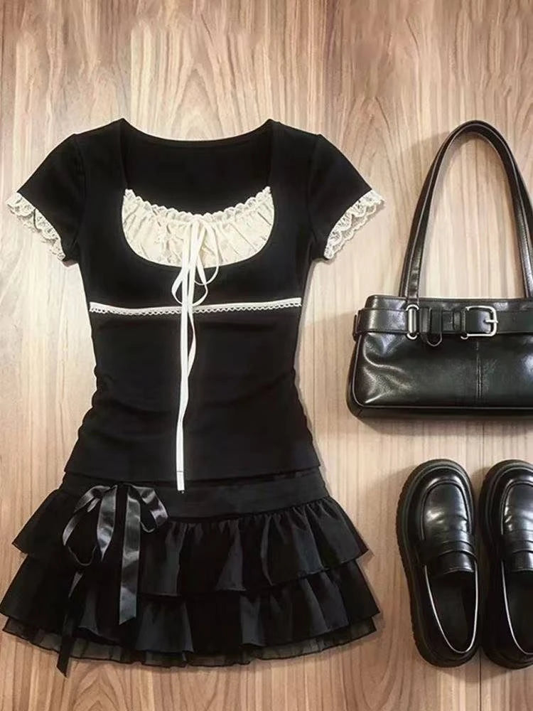 Ingvn  Retro Sweet Two Piece Set Women Plaid Short Sleeve Shirt High Waist Pleated Skirt Y2K Harajuku Hot Girl Summer