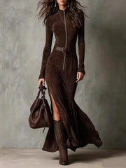 Ingvn  European American Suede Maxi Dress for Women Long Sleeves O-Neck Zipper Maxi Dress Temperament Elegant High Street Dresses
