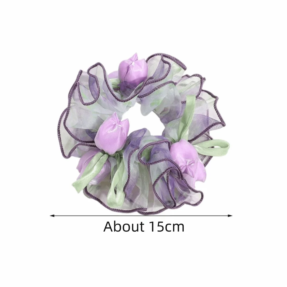 Ingvn  Sweet Cute Floral Mesh Scrunchie Sweet Dot Mesh Ruffled Sheer Tulle Flower Hair Rope French Romantic Large Hair Ties