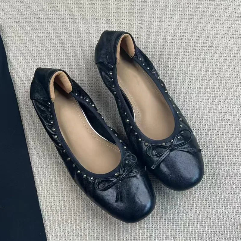 Ingvn  Vintage Rivet Bowknot Women Ballet Pumps Comfortable Soft Leather 3cm Thick Heeled Lazy Loafers Spring Summer Casual Girls Shoes