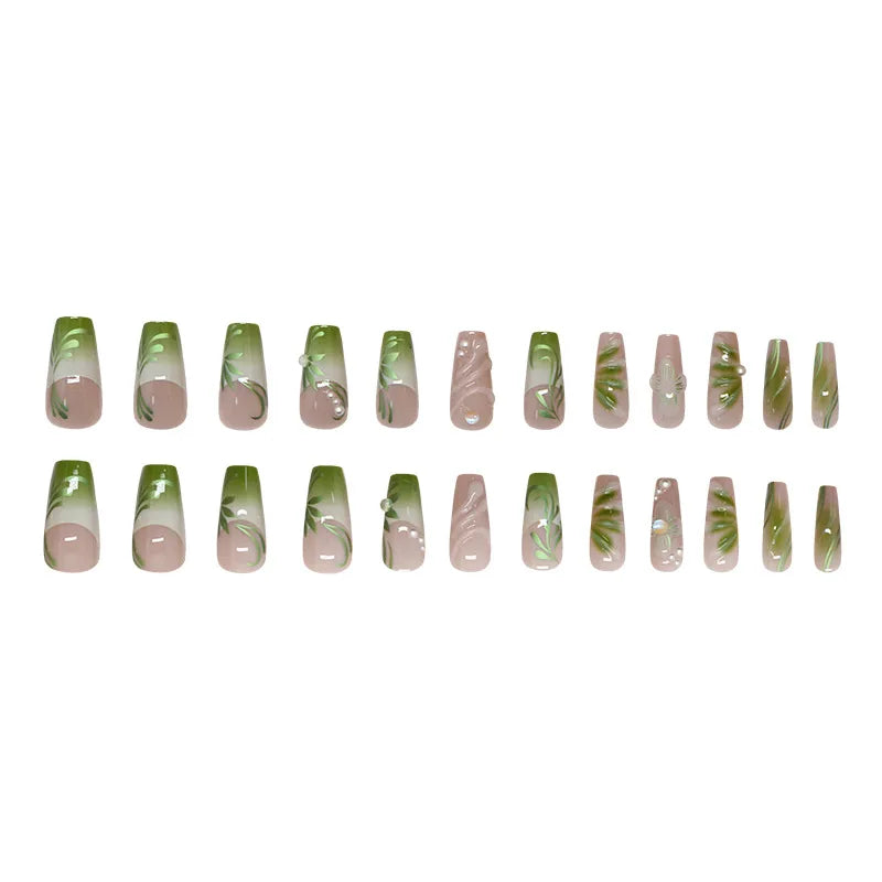 Ingvn  24pcs Press on Nails with Design Green 3d Gradient French False Nails with Charms Fashion Nail Tips Removable Sticky Nails