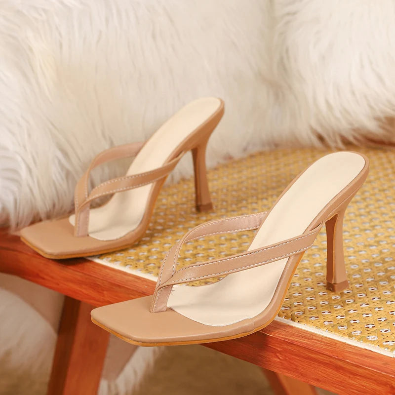Ingvn  Summer Fashion Thin High Heels Slippers Women Square Clip Toe Beach Flip Flops Shoes Gladiator Sandals Female Mules Slides