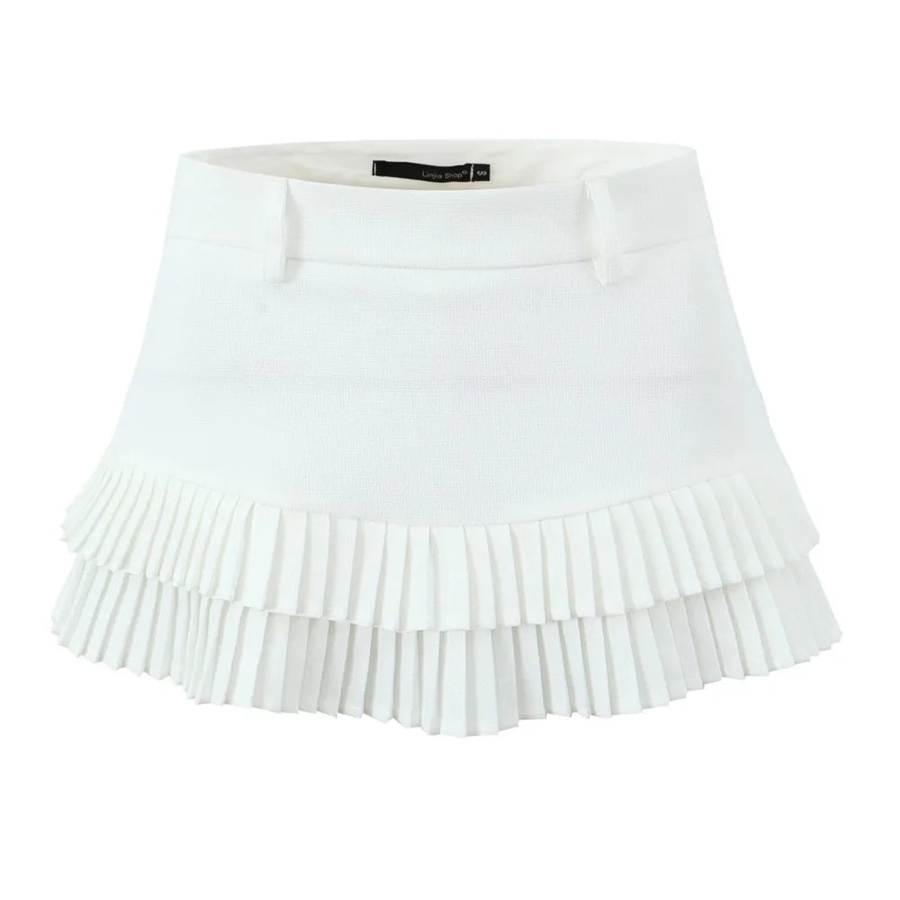 Ingvn  3 colors American Retro Light Blue Package Hips Spliced Pleated Mini Skirt Sexy Low Waist Short Skater Skirts With Shorts Lining