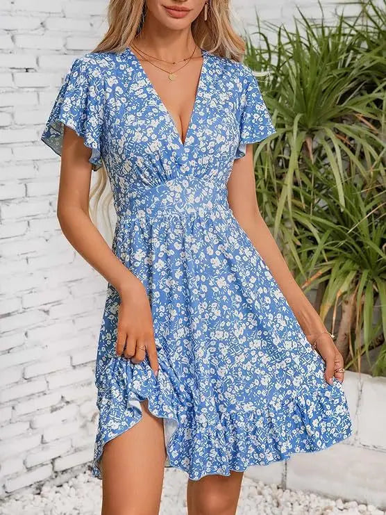 Ingvn  Summer V Neck Wrap Waist Floral Print Ruffle Hem Dress