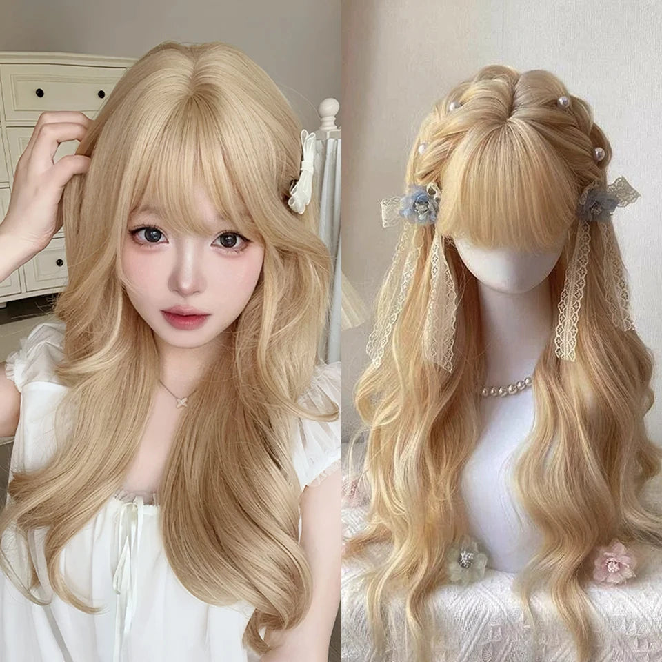 Ingvn  Long Wavy Pink Wig with Bangs Synthetic Cosplay Natural Lolita Purple Green Wig Halloween Costume Wig for Women Daily Wear