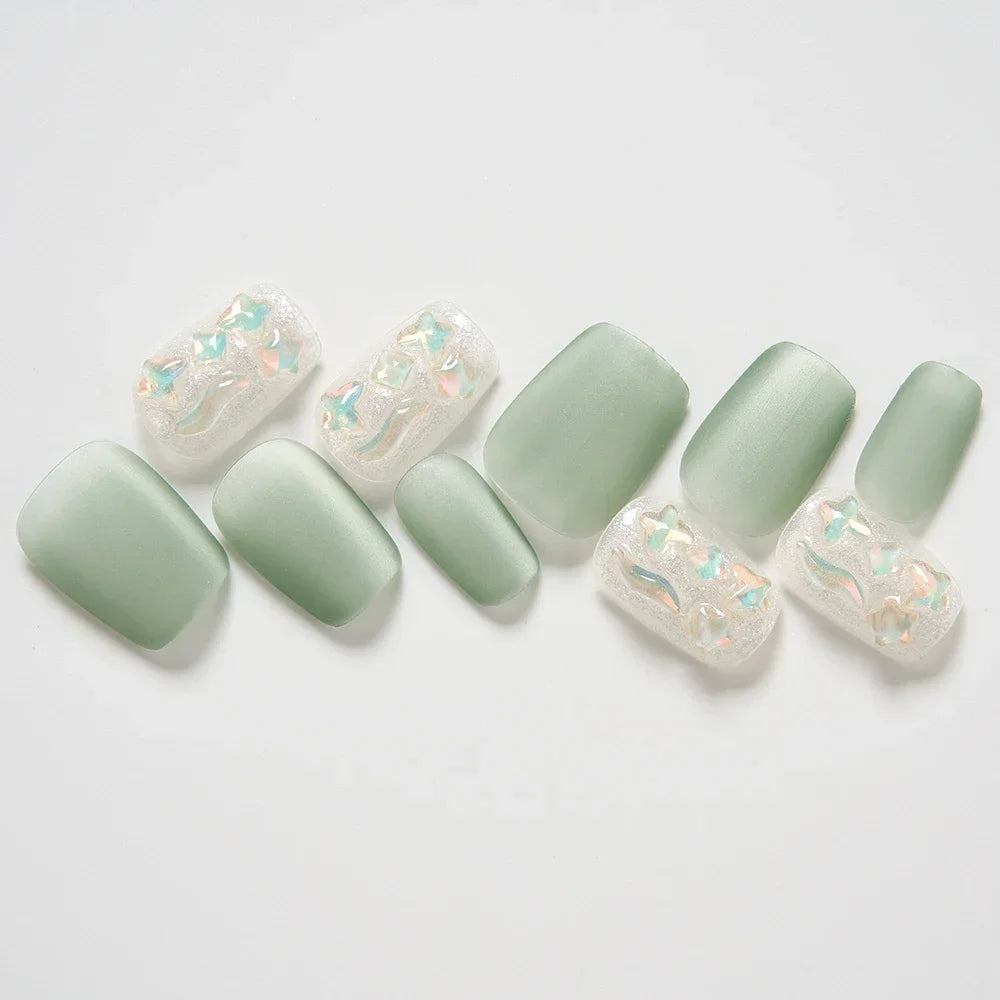 10pcs Handmade Green Gradient Fake Nails Short Square False Nails with Water Diamond Summer Cat's Eye Nails for Women and Girls