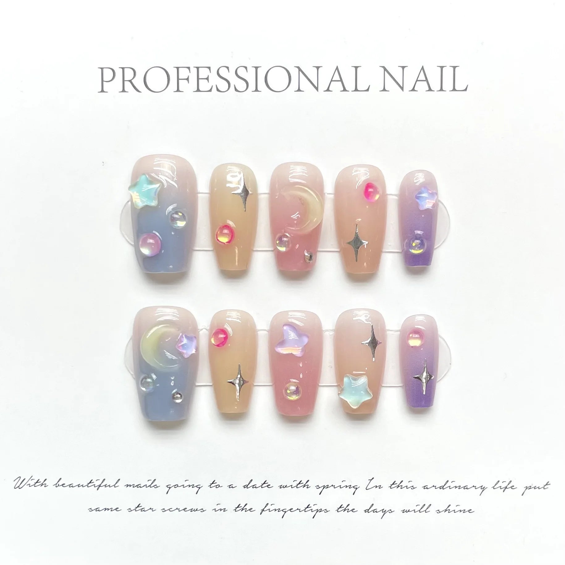 Ingvn  10Pcs Handmade Press on Nails Long Ballet Blue Fake Nails with 3D Ocean Moon Rhinestone Design False Nails Full Cover Nail Tips