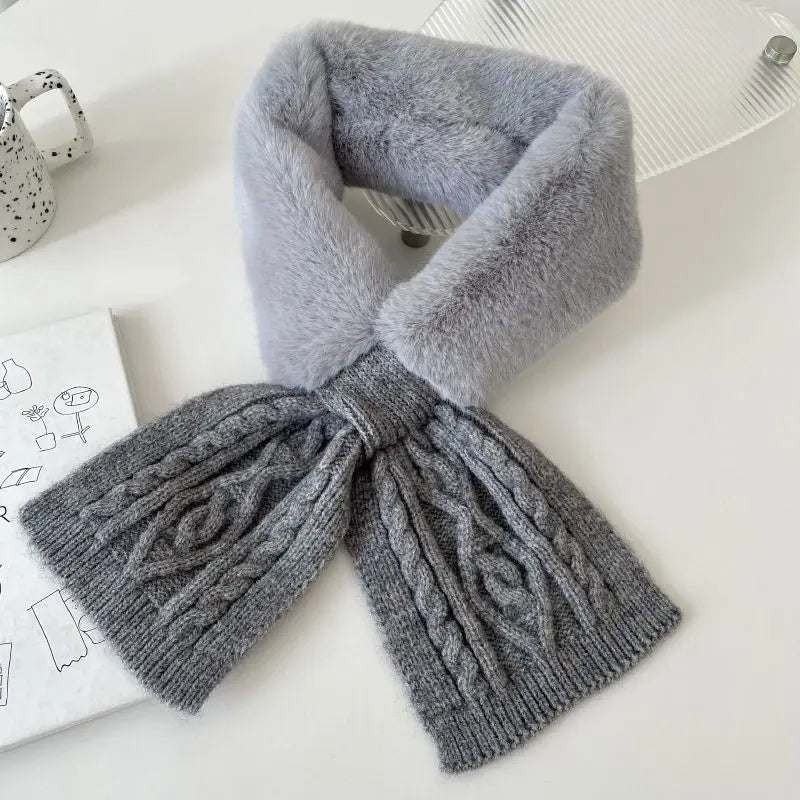 Ingvn - Women's Autumn Winter Knit Scarf Faux Fur Cross Neck Warmer Solid Thick Warm Elegant Chic Coquette Trendy