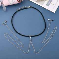 Ingvn  Fake Nipple Rings Chain Punk Chokers Velvet Gothic Choker Necklaces Stainless Steel for Women Nipple Barbell Piercing Jewelry