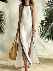 Ingvn  Women's Sexy Halter Sleeveless Striped Maxi Dress Side Slit Color Block Loose Flowy Elegant Casual Vacation Summer Dresses