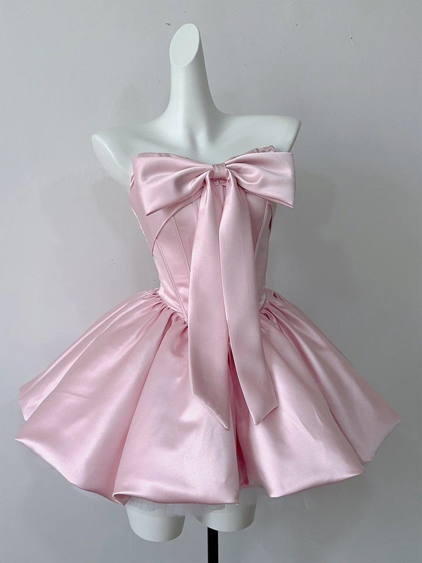 Ingvn  Summer French Elegant Sweet Princess Birthday Party Pink Dress Bow Strapless High Waist Lace-up Puffy Short Dress for Women