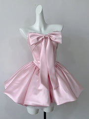 Ingvn  Summer French Elegant Sweet Princess Birthday Party Pink Dress Bow Strapless High Waist Lace-up Puffy Short Dress for Women