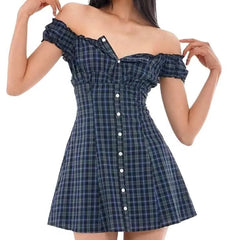 Ingvn  Contrast Color Plaid Open Buttons Slash Shoulder Mini Dress Women Short Sleeve Slim Waist Dresses Holiday Robe Femme