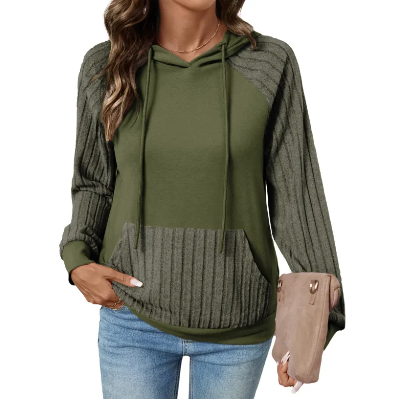 Ingvn - Women Early Autumn New Style Pocket Pullover Hooded Patchwork Thin Hoodie Casual Versatile Pullover Long Sleeve Top