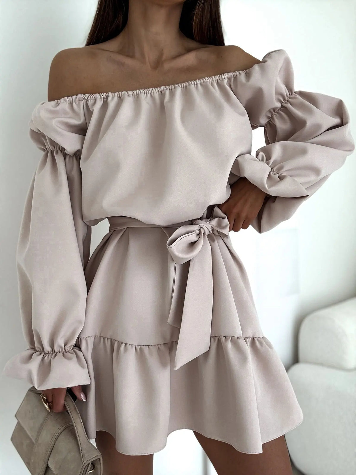 Ingvn  Women's Mini Dress Peplum Dresses Elegant Daily Holiday Going out Regular Fit Pure Color Long Sleeve Off Shoulder