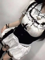 Ingvn  Subculture Kawaii Sweet Suit Hot Girls Polka Dot Top Black Belt Casual Bud Mini Skirt Sweet Cool Set Woman