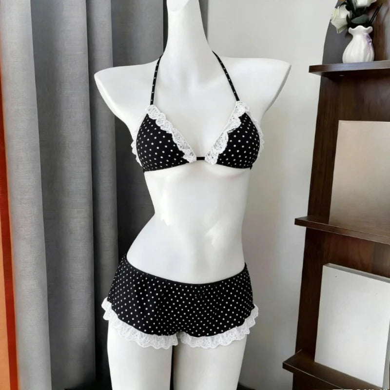 Ingvn  Sweet Lace Detail Bikini Set Halter Strap Two Piece Swimwear Cute Style Beach Party Bathing Suit Woman