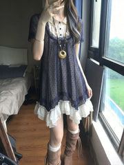 Ingvn  Gothic Aesthetic Fake Two Dress Women Retro Y2K Harajuku Short Sleeve Mini Dress Ladies Club Fashion Clothing