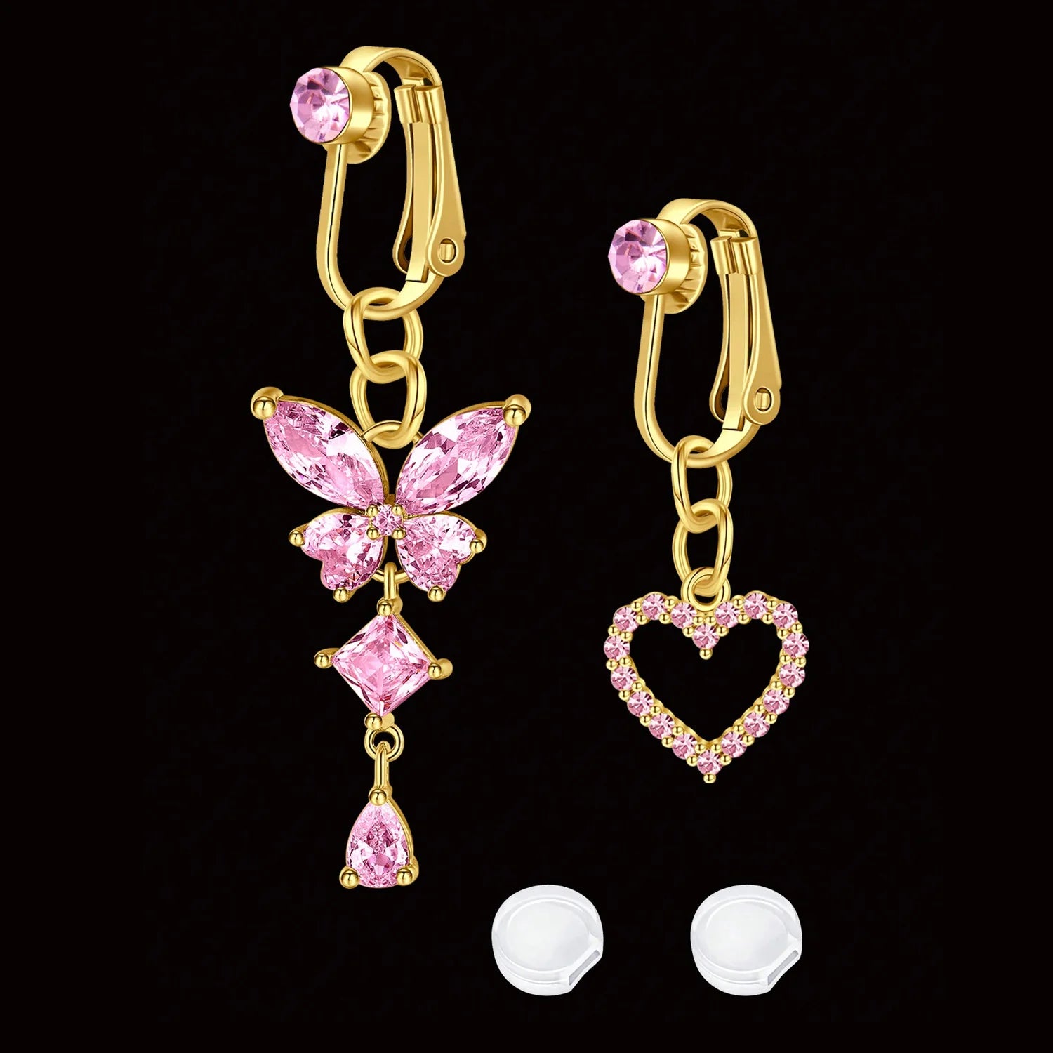 Ingvn  2 Pcs Elegant Clip-On Fake Belly Button Rings for Women - 304 Stainless Steel, Heart, Butterfly & More Designs, Ideal Gift