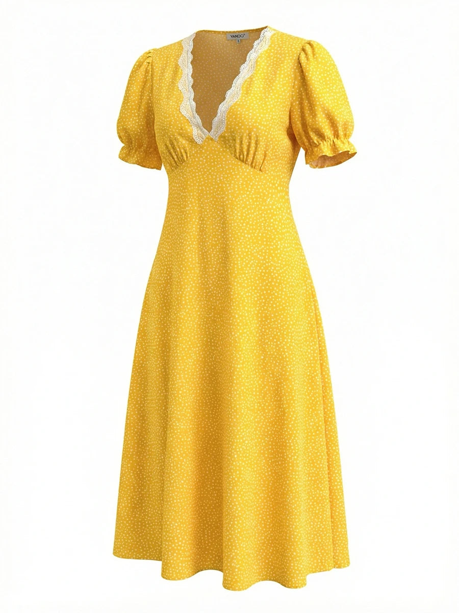 Ingvn  Casual Yellow V Neck Lace Trim Dot Print Dresses for Women Short Sleeve Slimming Ruffle for French Vacation Style