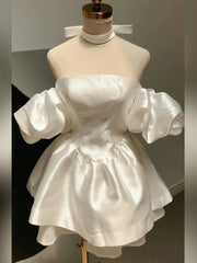 Ingvn  French Style Elegant Puff Sleeve Sexy off-Shoulder Backless High Waist Slim Fit White Princess Birthday Party Dress Women Summer