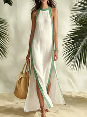 Ingvn  Women's Sexy Halter Sleeveless Striped Maxi Dress Side Slit Color Block Loose Flowy Elegant Casual Vacation Summer Dresses