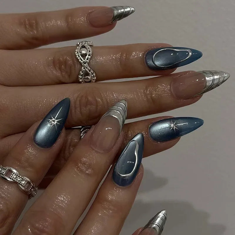 Ingvn  24Pcs Fashion Almond Head Fake Nails Press on Glitter Gradient Green Nail Art with Star Moon Design Reusable Oval False Nails